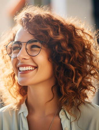 Woman with black glasses smiling outside